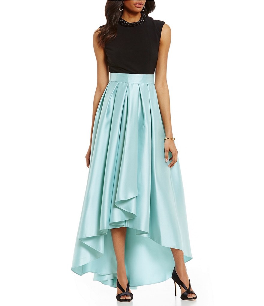sequin lace and mikado high low hem gown with bow