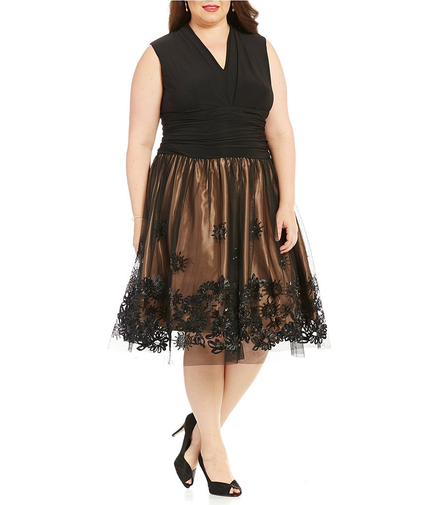 Ignite Evenings Plus V-Neck Beaded Embroidered Skirt Party Dress