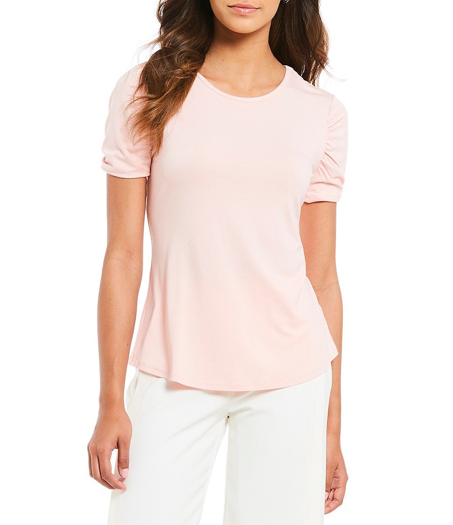 IMNYC Isaac Mizrahi Crew Neck Shirred Short Sleeve Top