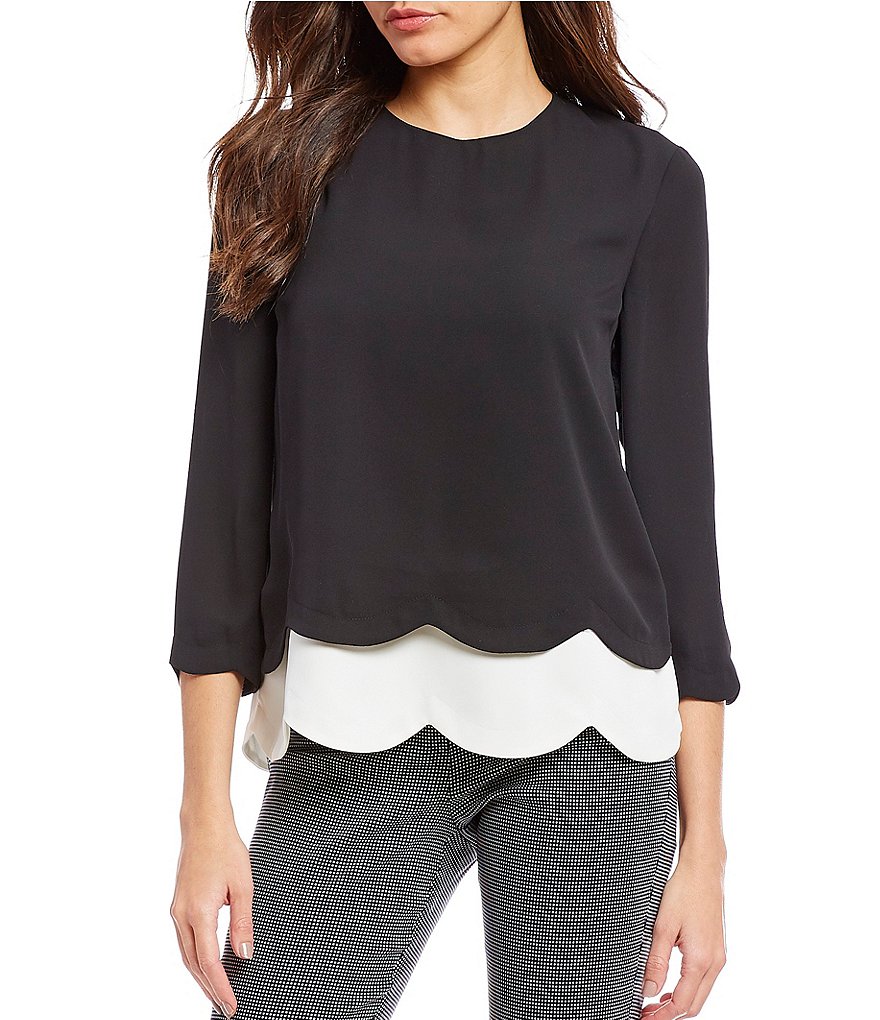 IMNYC Isaac Mizrahi Scallop Edge 3/4 Sleeve Blouse