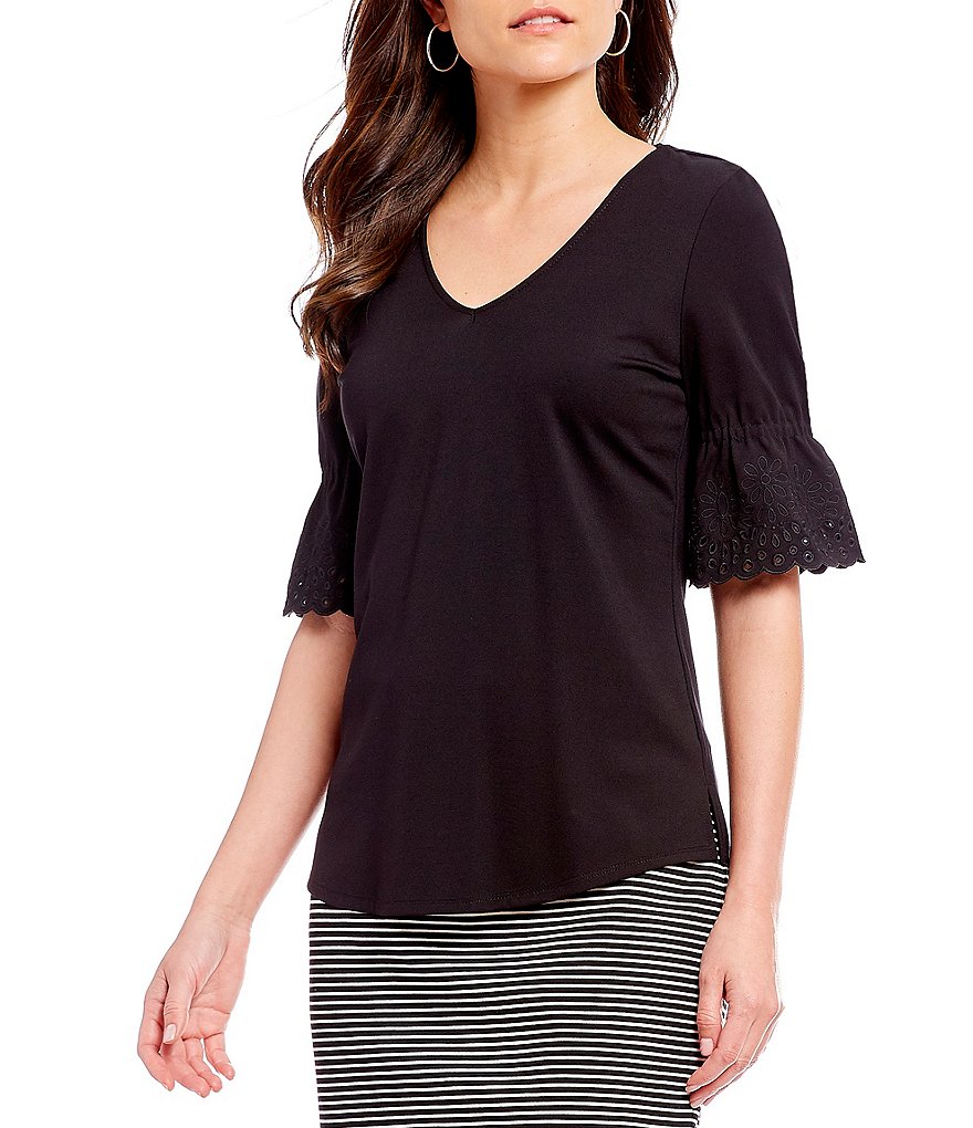IMNYC Isaac Mizrahi V-Neck Embroidered Sleeve Top