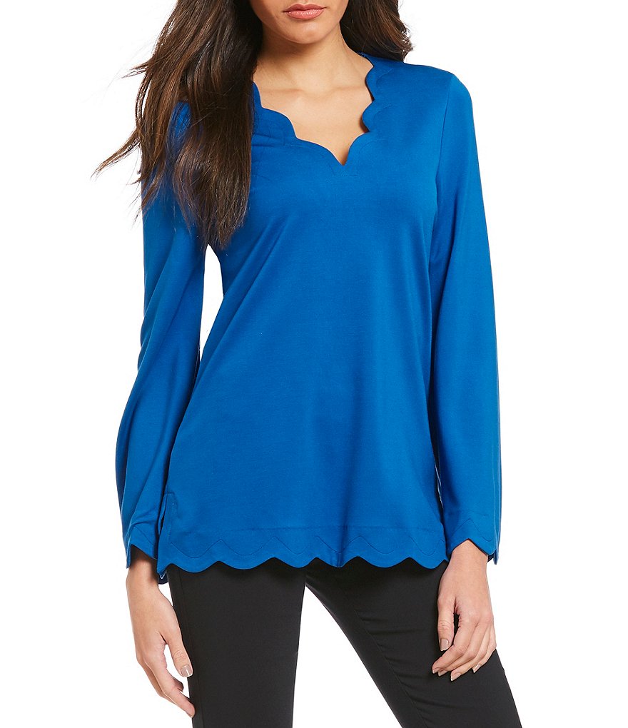 IMNYC Isaac Mizrahi V-Neck Long Sleeve Scallop Hem Tunic Top