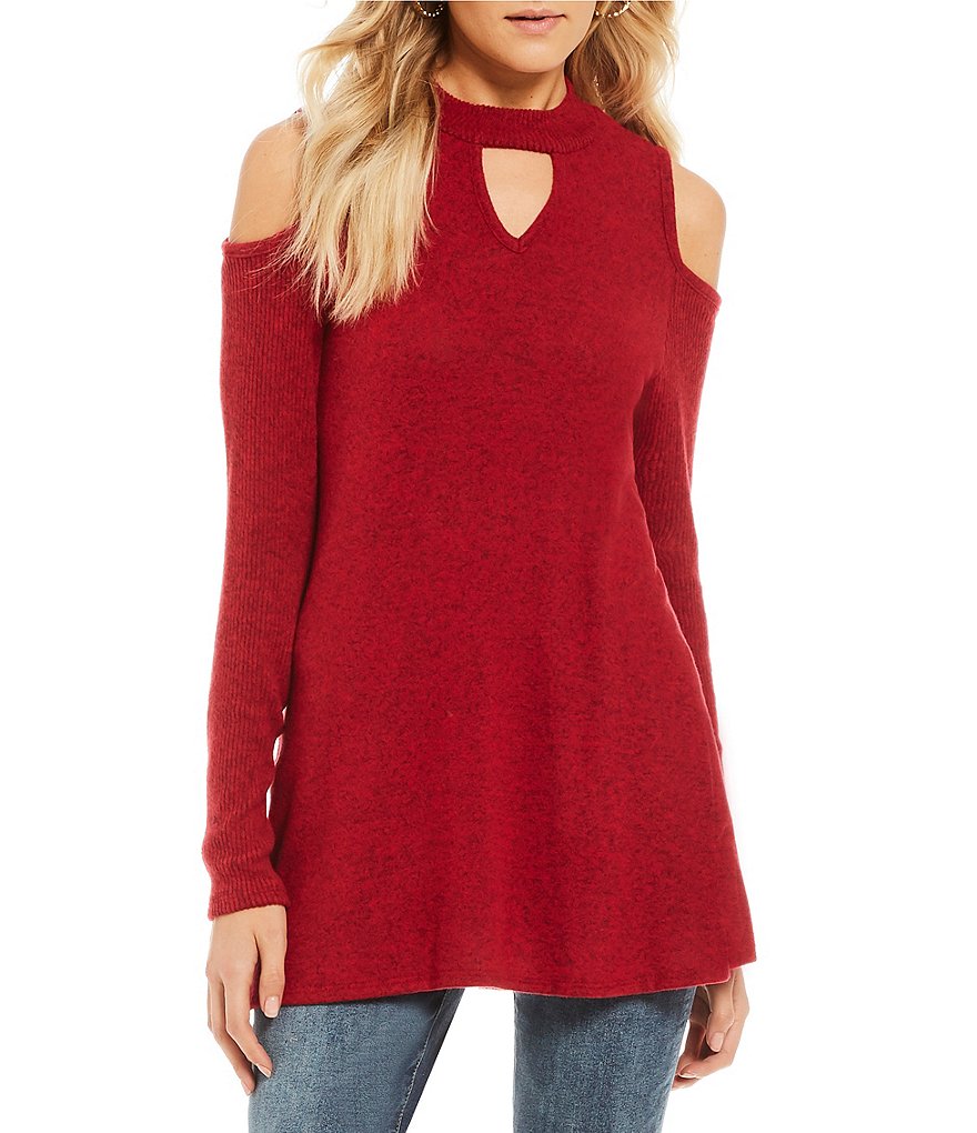 I.N. San Francisco Choker Neck Cold-Shoulder Cozy Fuzzy Knit Top