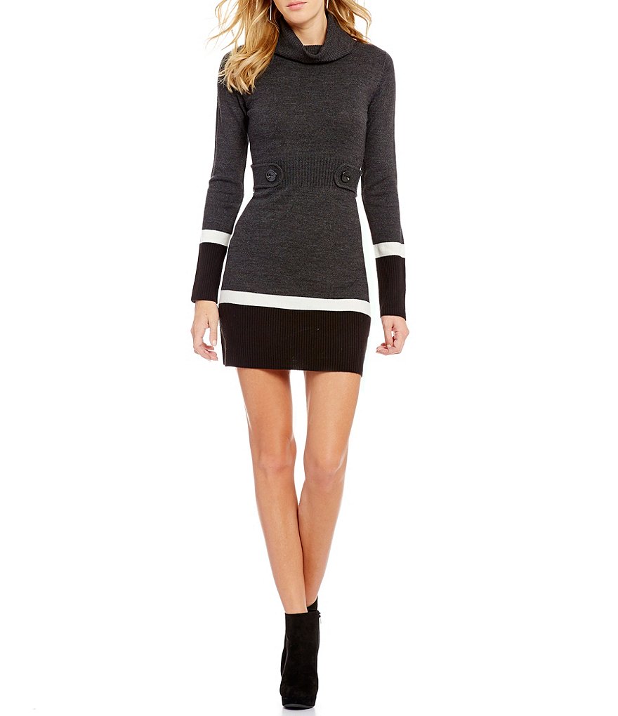 I.N. San Francisco Color Block Turtleneck Cable-Knit Sweater Dress