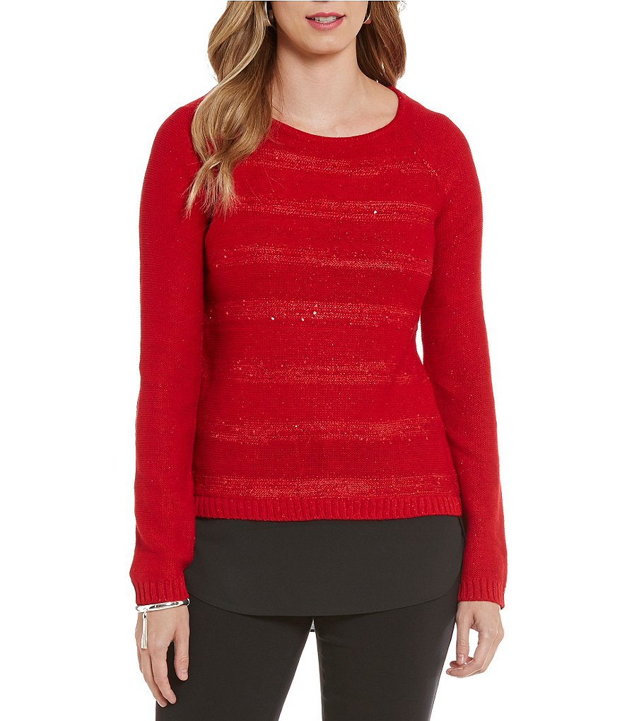 I.N. Studio Shirttail Hem Sequin Long Sleeve Top