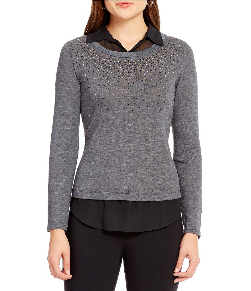 I.N. Studio With Collar and Shirttail Hem Embellished Long Sleeve Top
