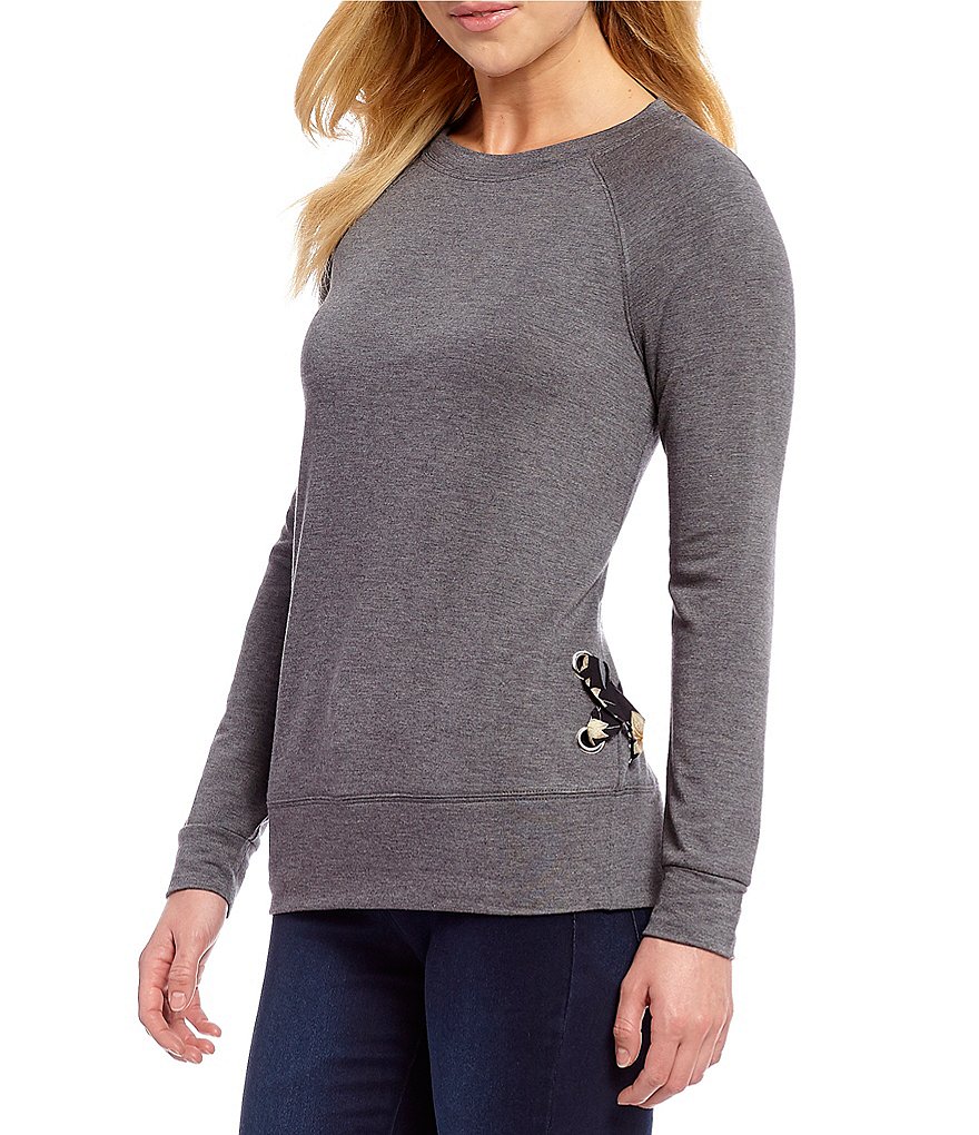 I.N. Studio Long Sleeve Lace-Up Side Details French Terry Top