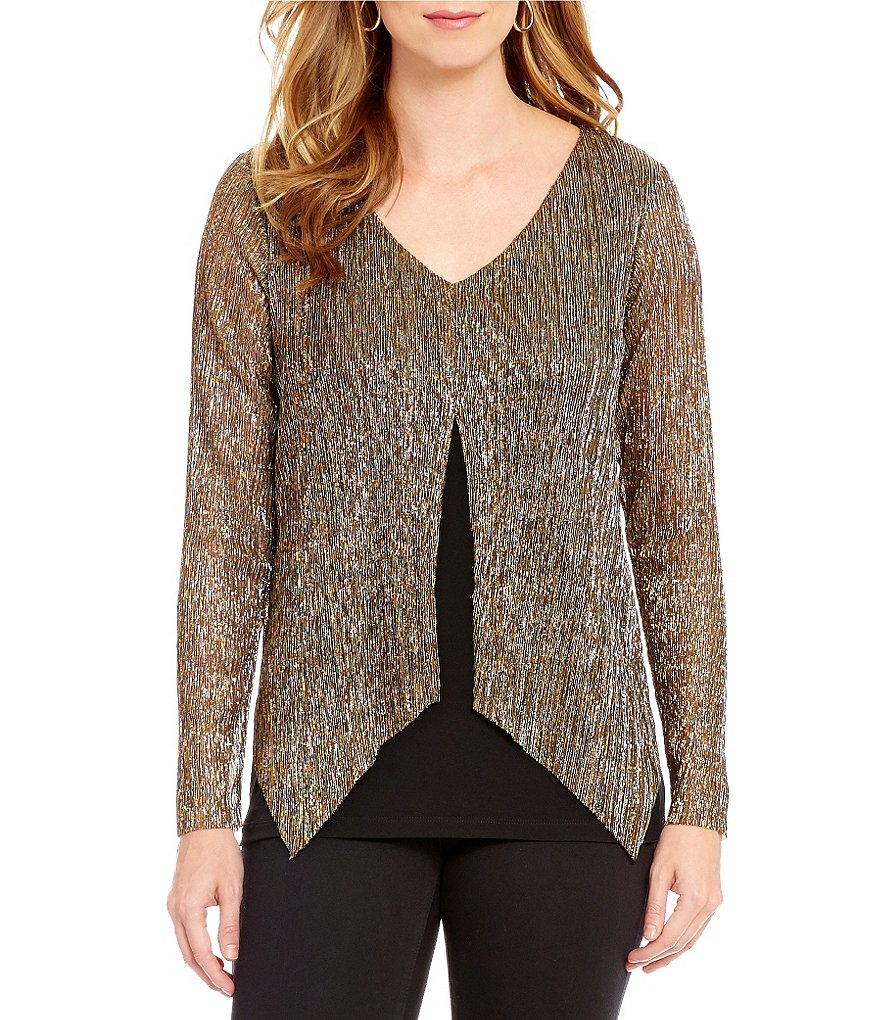 I.N. Studio Long Sleeve Lurex Crinkle Top