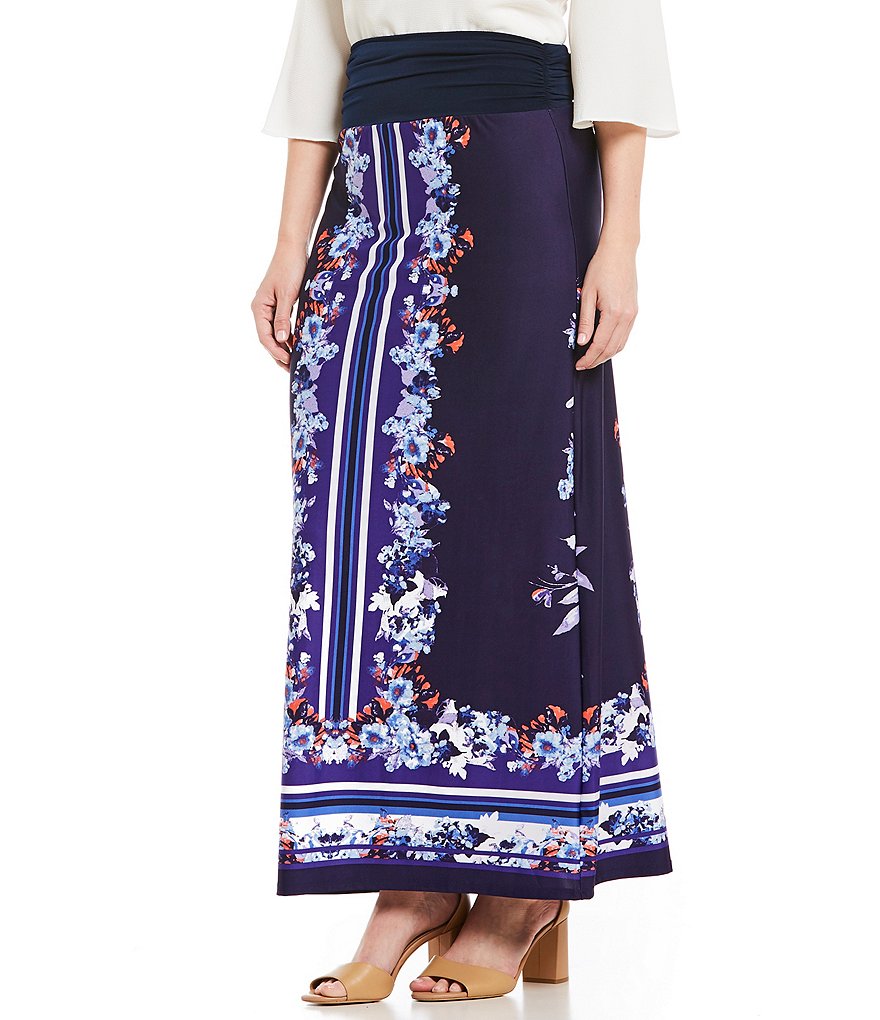 I.N. Studio Mirrored Floral Border Placement Print Pull-On Knit Skirt