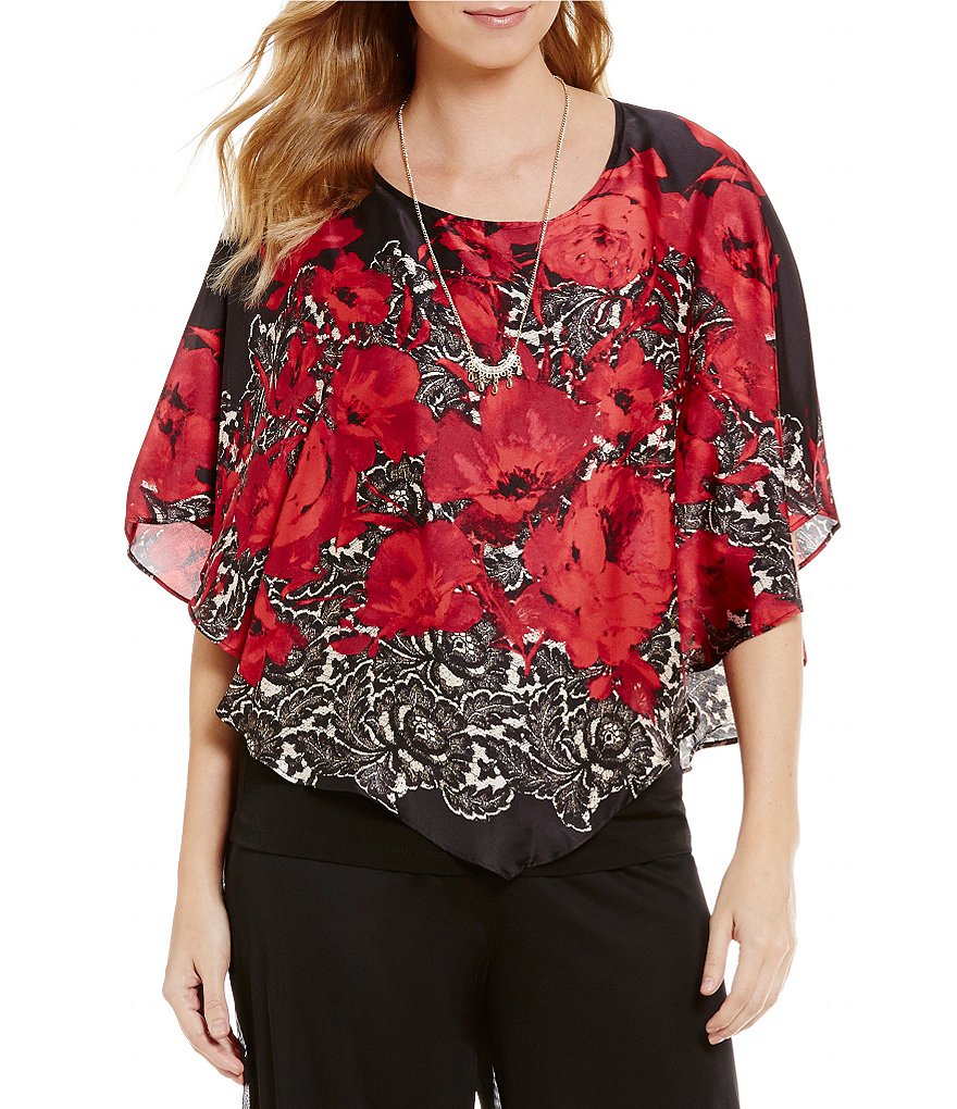 I.N. Studio Rose Lace Border Print Crew Neck Top