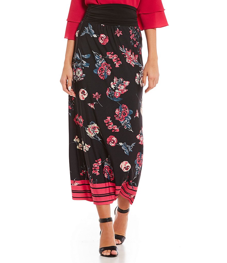 I.N. Studio Stripe Border Floral Print Pull-On Knit Midi Skirt