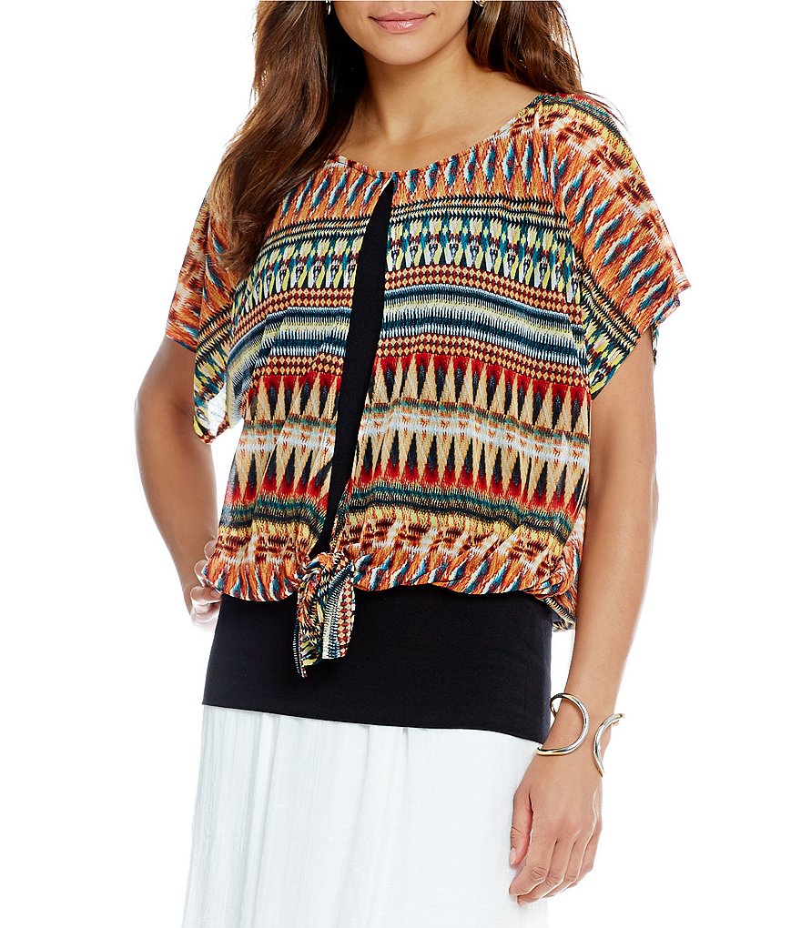 I.N. Studio Tribal Stripe-Print Knit Chiffon Top