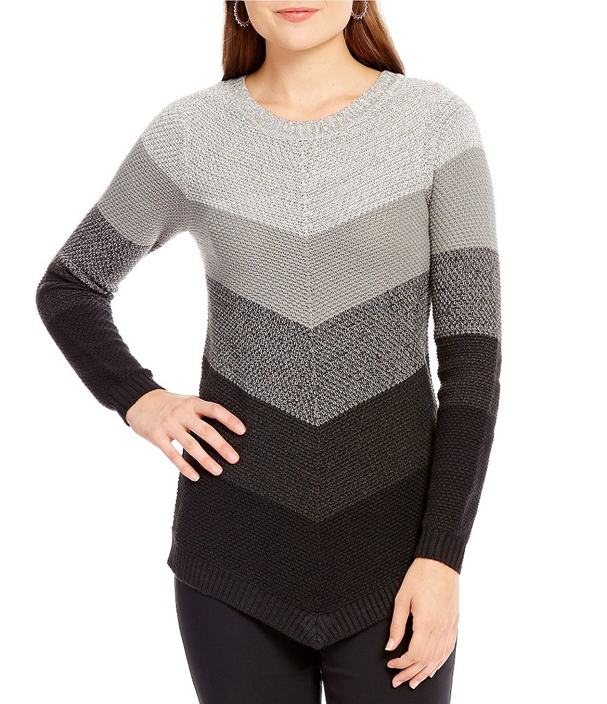 I.N. Studio V-Hemline Ombre Striped Mitered Sweater