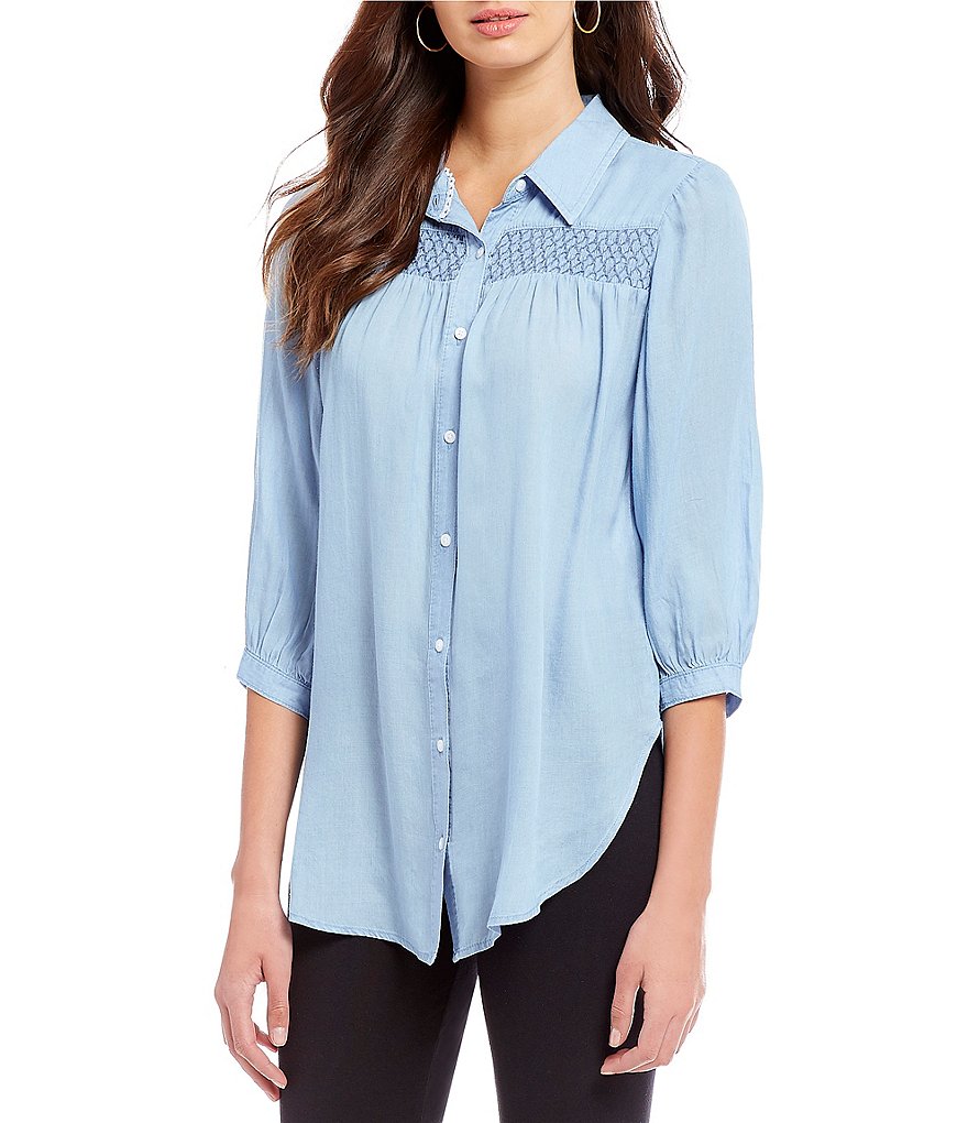 Intro 3/4 Sleeve Smocking Front Detail Denim Tunic