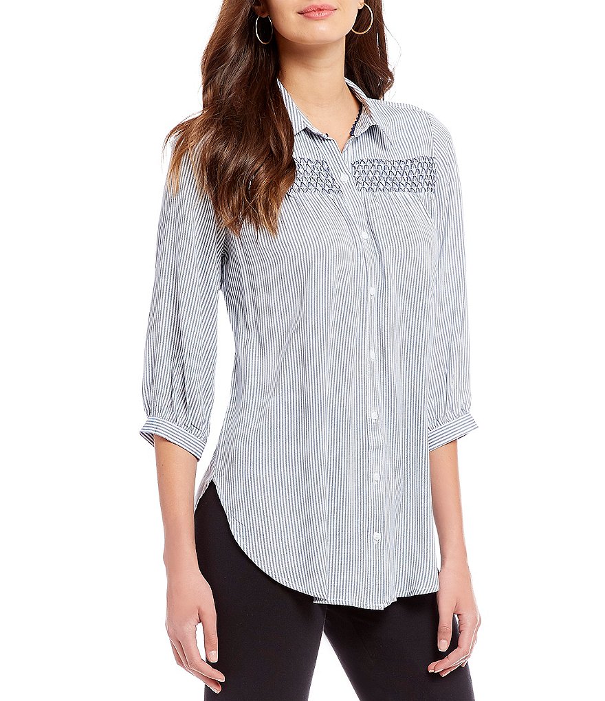 Intro 3/4 Sleeve Smocking Front Detail Printed Stripe Tunic
