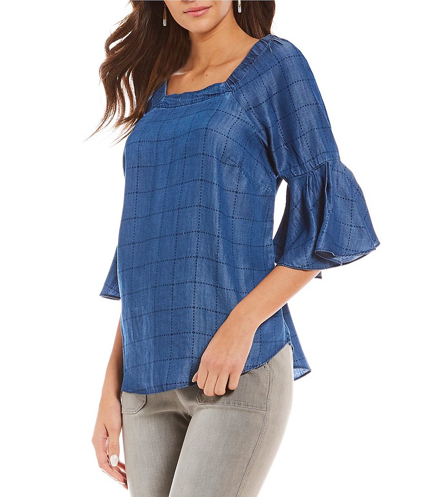 Intro Convertible On-Or-Off The Shoulder Bell Sleeve Gridded Lyocell Denim Top