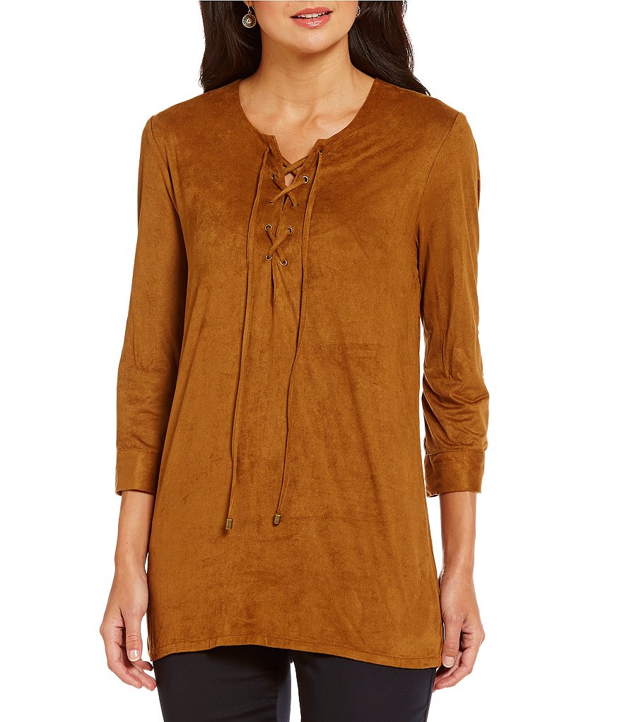Intro Faux-Suede Long Sleeve Scoop Neck Lace-Up Solid Top