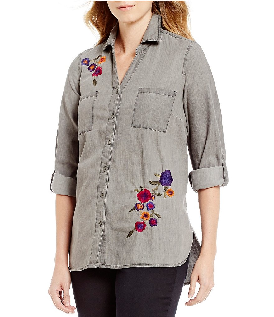 Intro Petite Roll-Tab Sleeve Denim Floral Embroidered Button Front Shirt