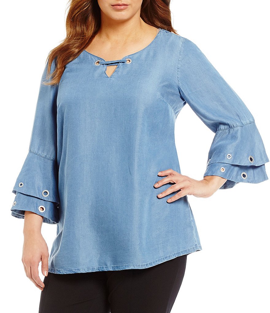 Intro Plus 3/4 Ruffled Sleeve Grommet Embellished Denim Lyocell Top