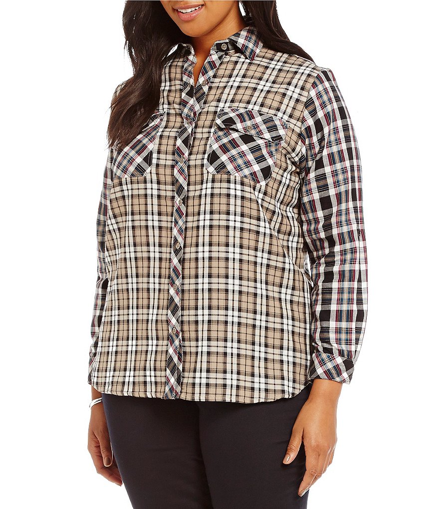 Intro Plus 3/4 Sleeve Cotton Mixed Plaid 2-Pocket Button Front Shirt