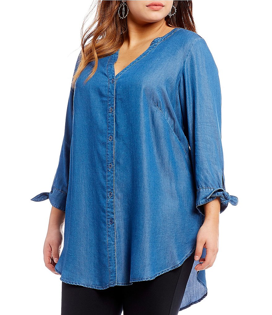 Intro Plus 3/4 Tie-Sleeve Button Front Lyocell Tunic