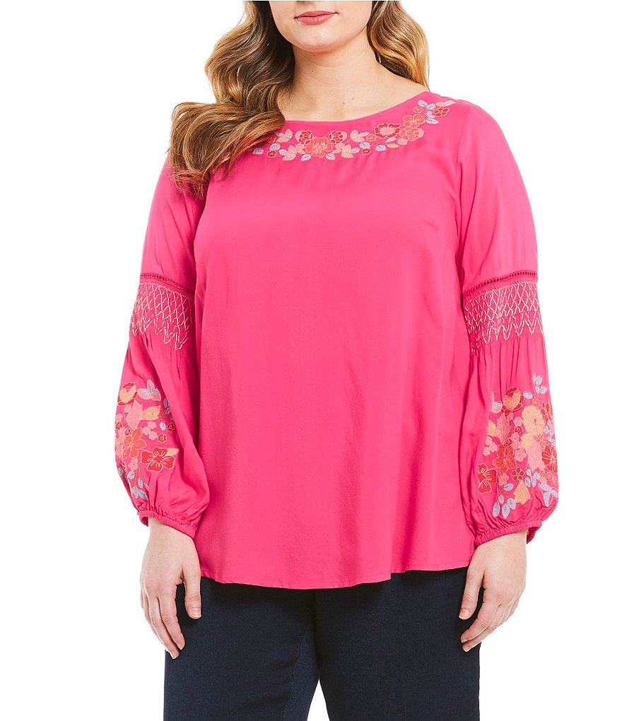 Intro Plus Size Embroidered Peasant Top