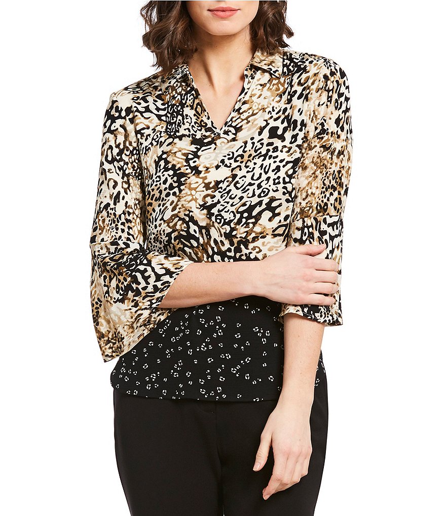 Investments Leopard Print 3/4 Bell Sleeve Split Top