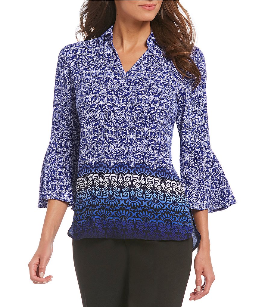 Investments Tribal Motif 3/4 Bell Sleeve Split Top