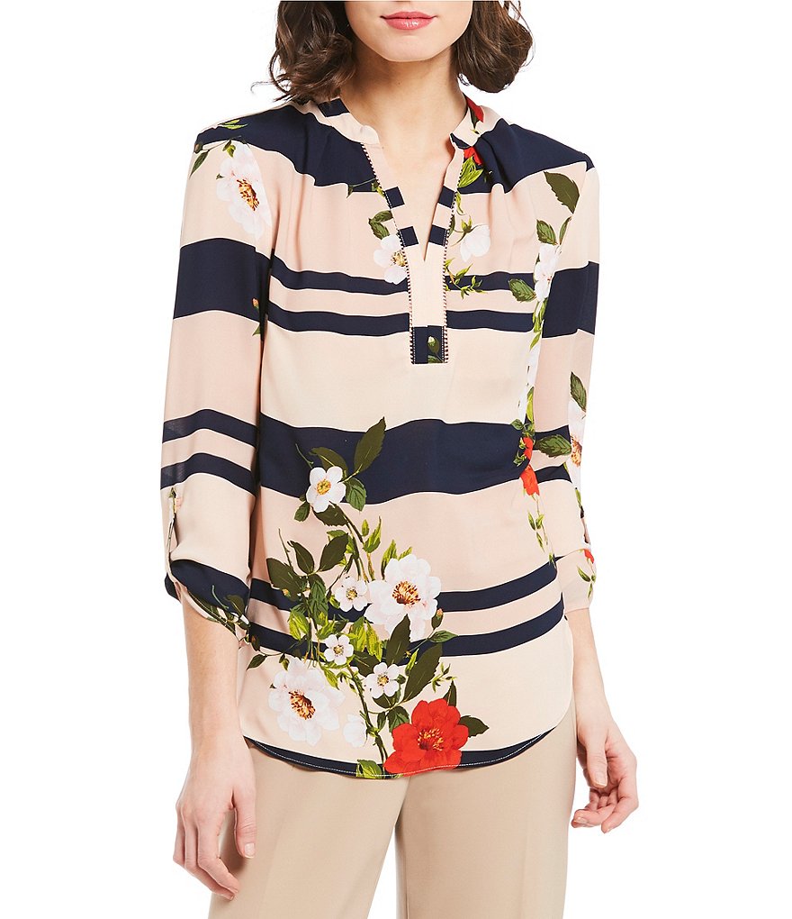 Investments Floral Stripe Long Sleeve Y-Neck Popover
