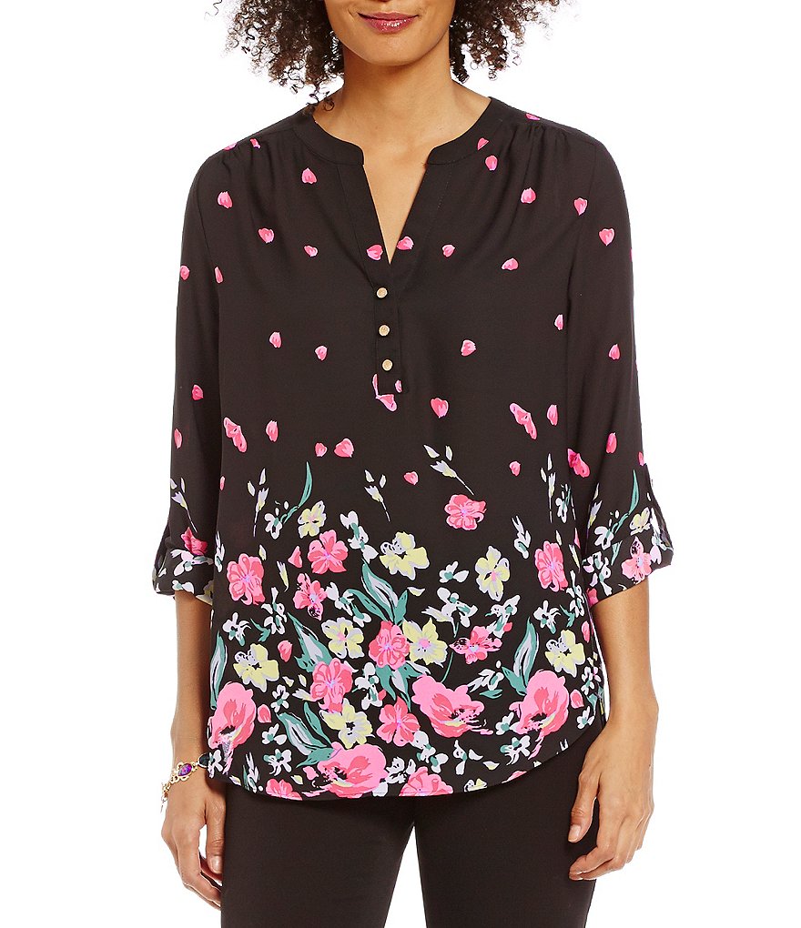 Investments Petite Long Sleeve Roll Tab V-Neck Blouse