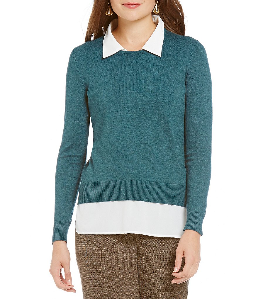 Investments Petites With Collar and Shirttail Hem Long Sleeve Top