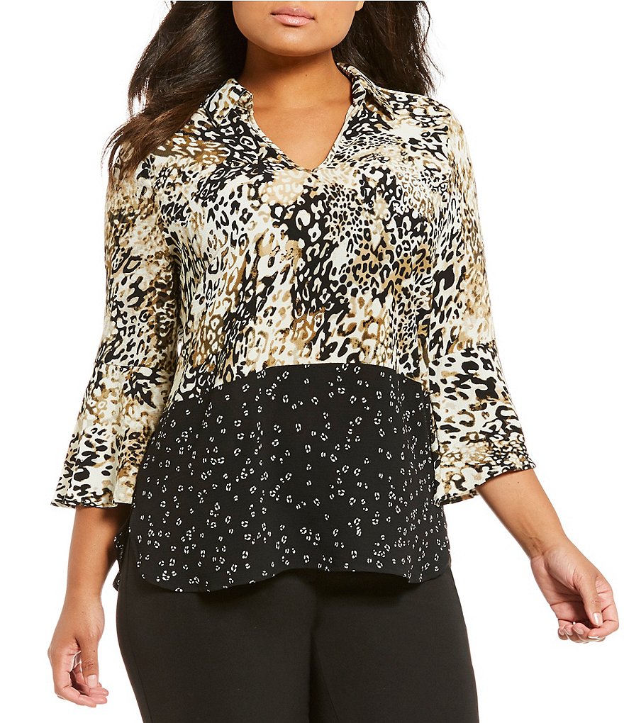 Investments Plus Leopard Print 3/4 Sleeve Split Top