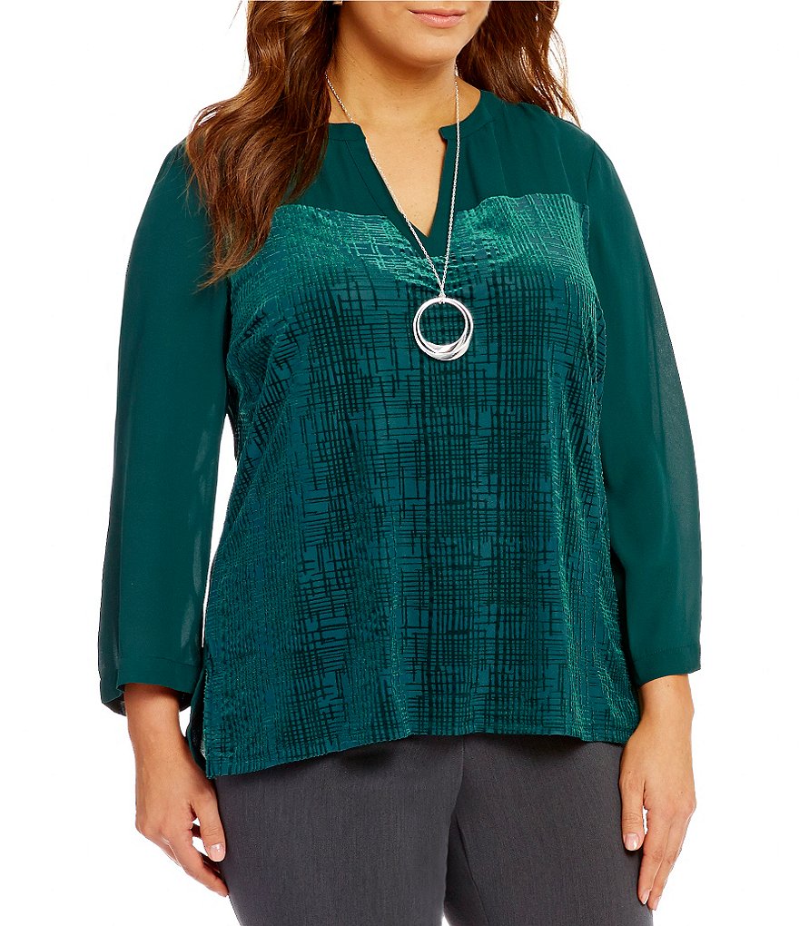 Investments Plus 3/4 Sleeve Burnout Front Blouse