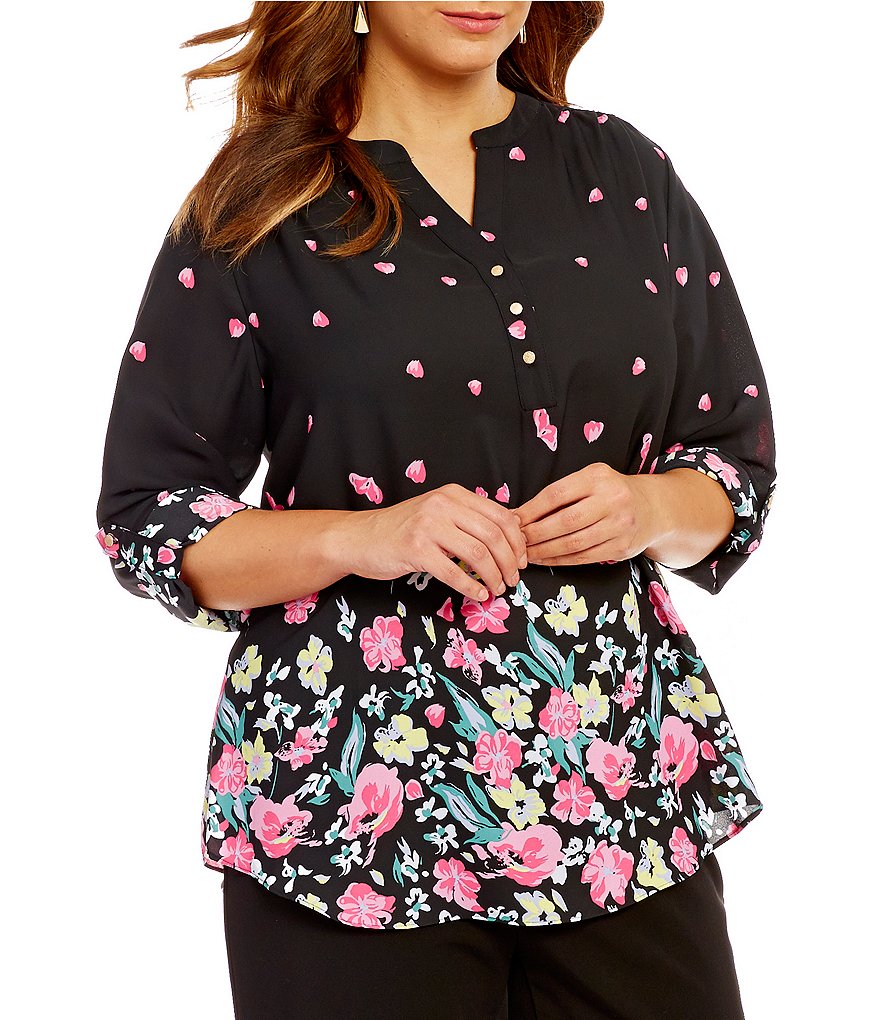 Investments Plus Y-Neck Roll Tab Sleeve Hi-Low Hem Blouse