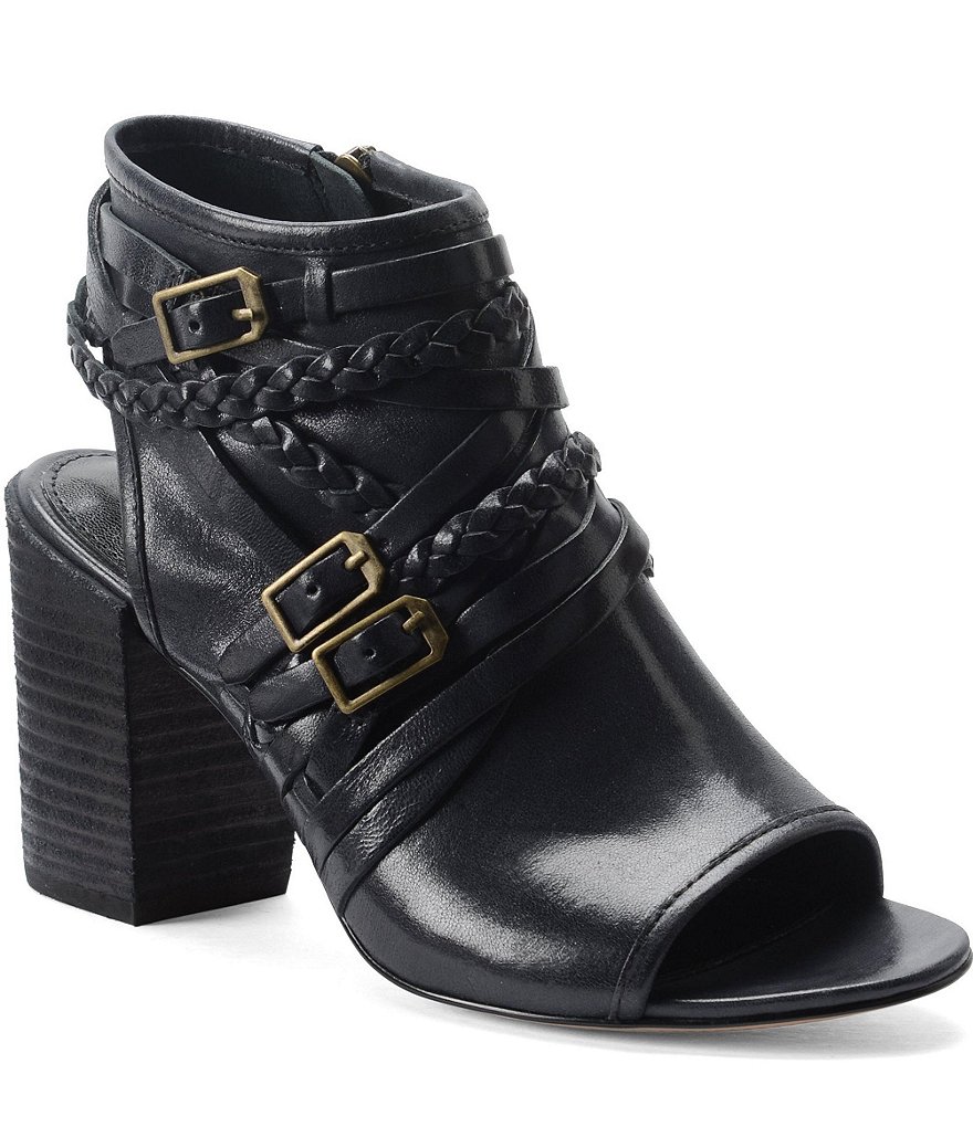 Isola Leonora Leather Braided Strap & Buckle Peep-Toe Block Heel Sandals