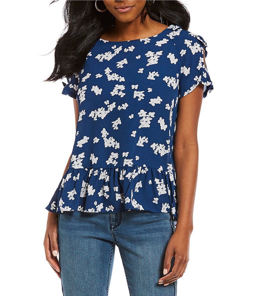 Ivanka Trump Bow Tie Trim Floral Print Short Sleeve Cold Shoulder Ruffle Hem Top