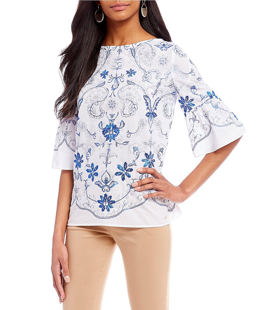 Ivanka Trump Embroidered 3/4 Bell Sleeve Top