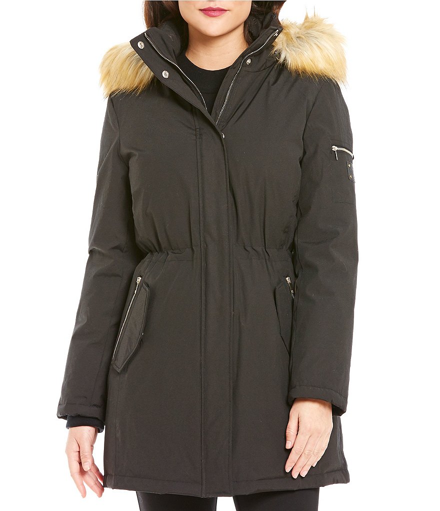 Ivanka Trump Mock Neck Faux-Fur Hooded Zip Front Solid Parka