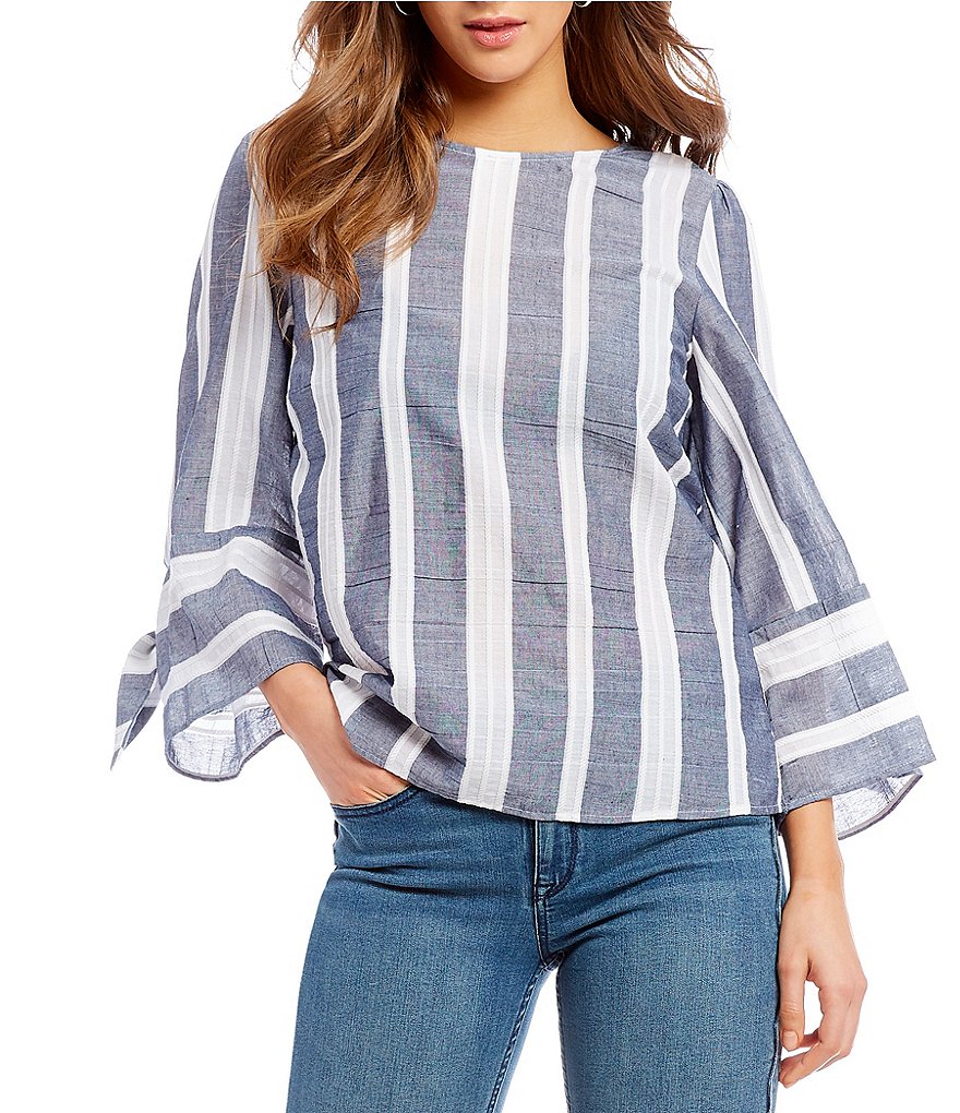 Ivanka Trump Jacquard Stripe Ruffle Tie-Trim Bell Sleeve Top