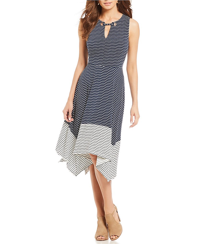 Ivanka Trump Matte Jersey Contrast Stripe Handkerchief Hem Dress