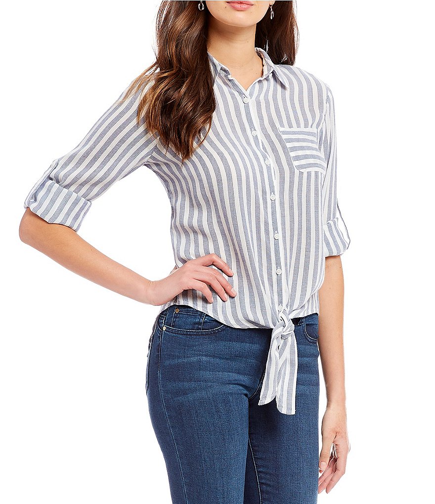 Ivanka Trump Wide Stripe Long Roll-Tab Sleeve Tie-Front Hem Shirt