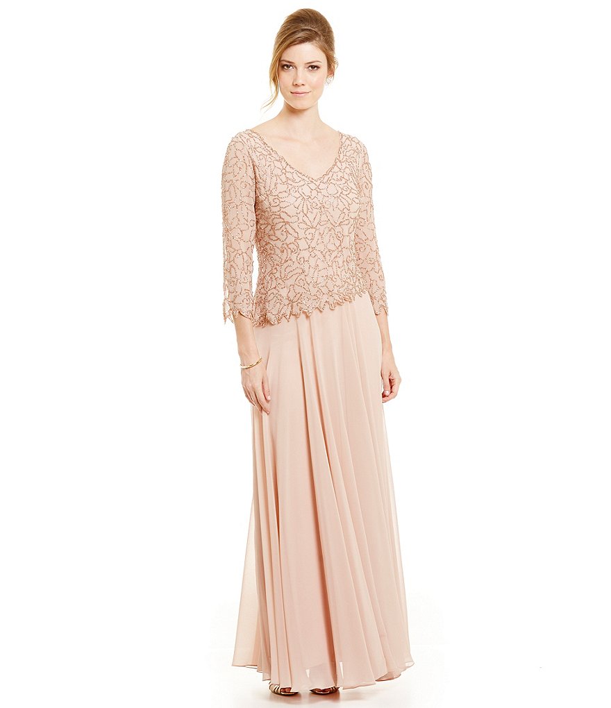 Jkara Beaded Double V-Neck Bodice Gown