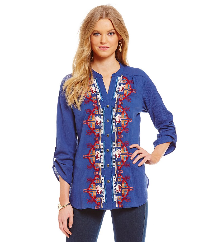 James Bryan Embroidered Roll-Tab Sleeve Tunic