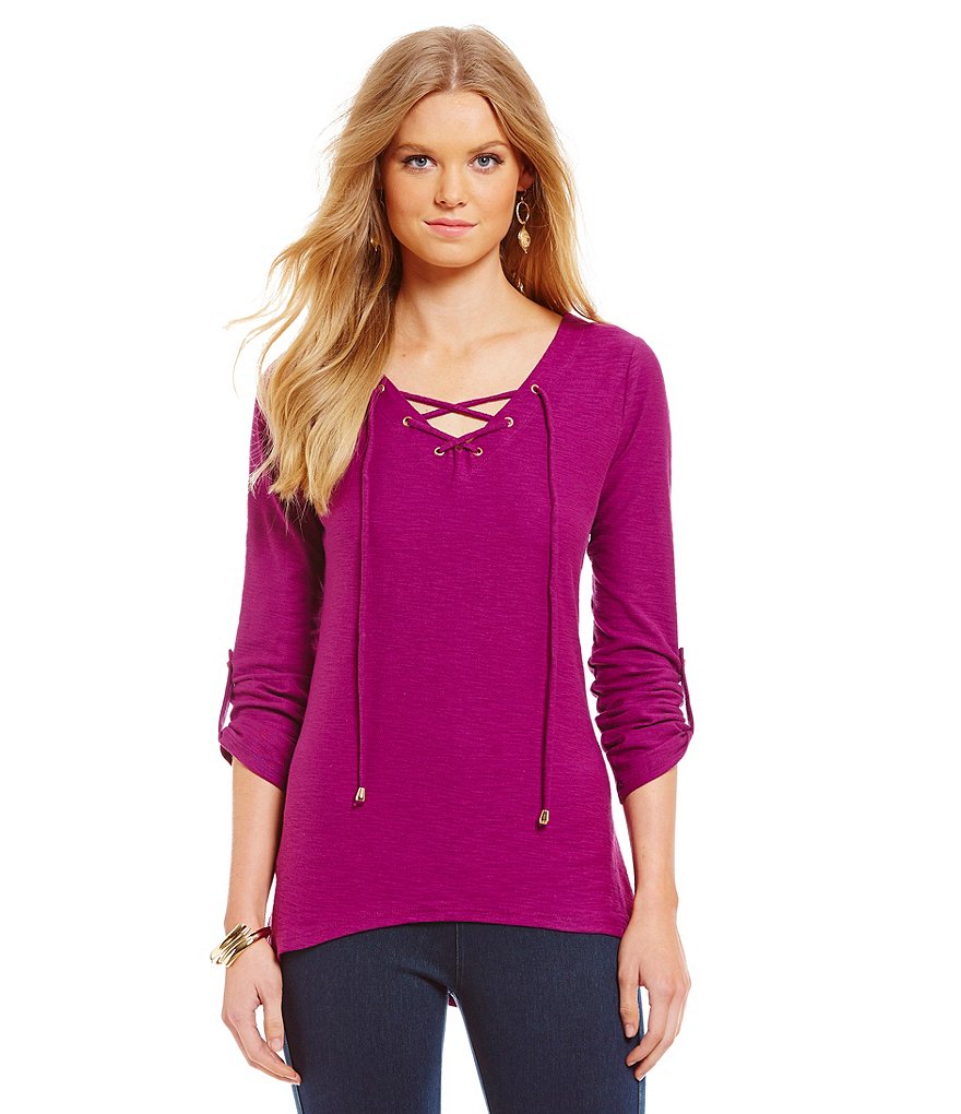 James Bryan Lace-Up Roll-Tab Sleeve Top
