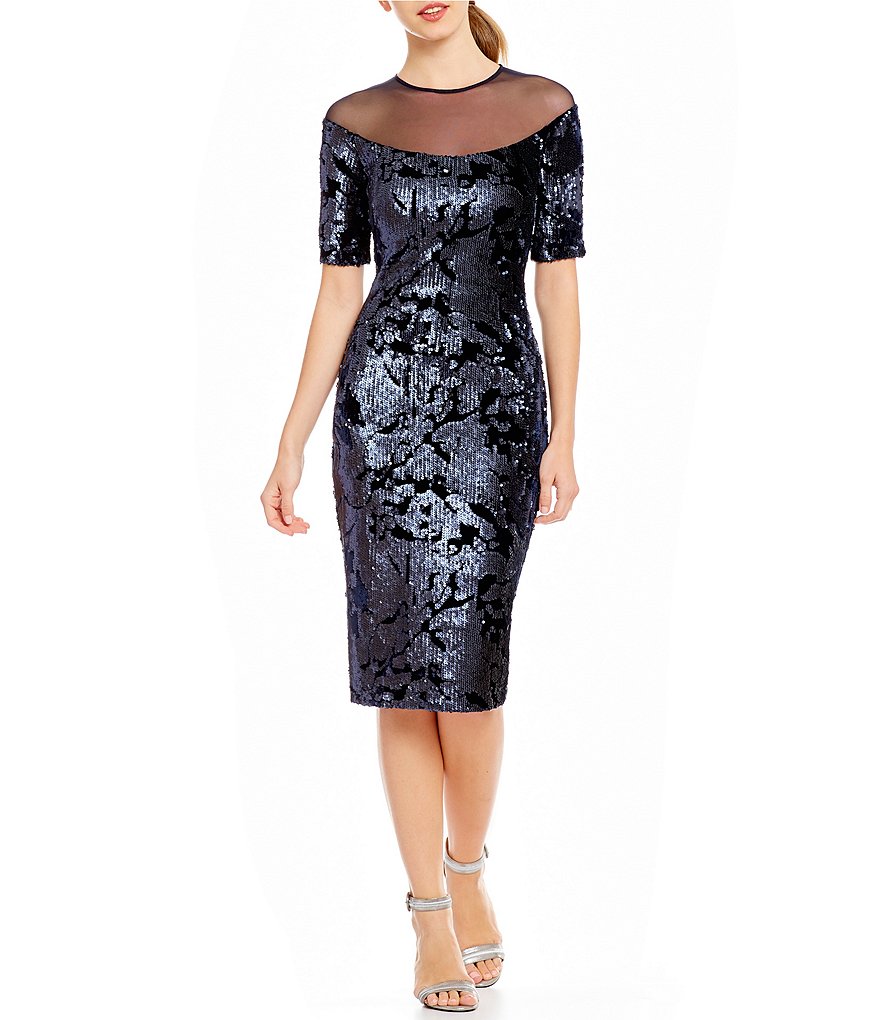 Jax Illusion Neckline Sequin Velvet Sheath Dress