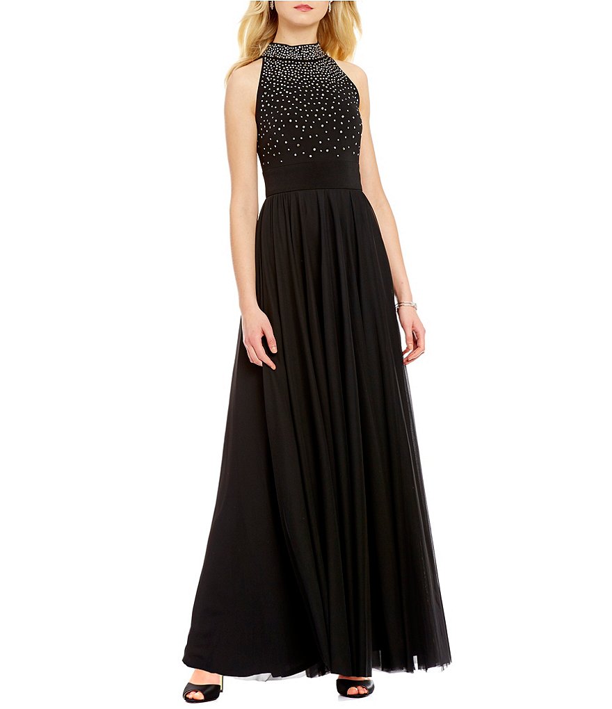 Jessica Howard Mock Neck Sleeveless Beaded Gown