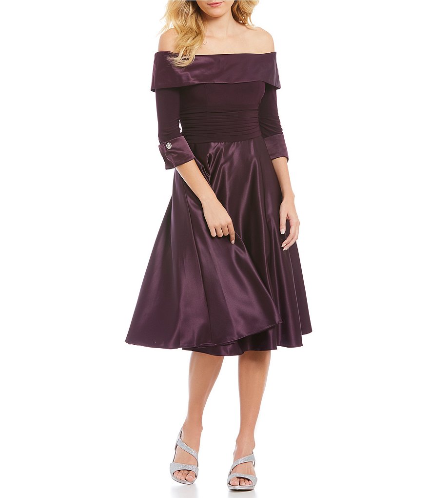 Jessica Howard Petite Off-the-Shoulder Tea-Length Party Dress