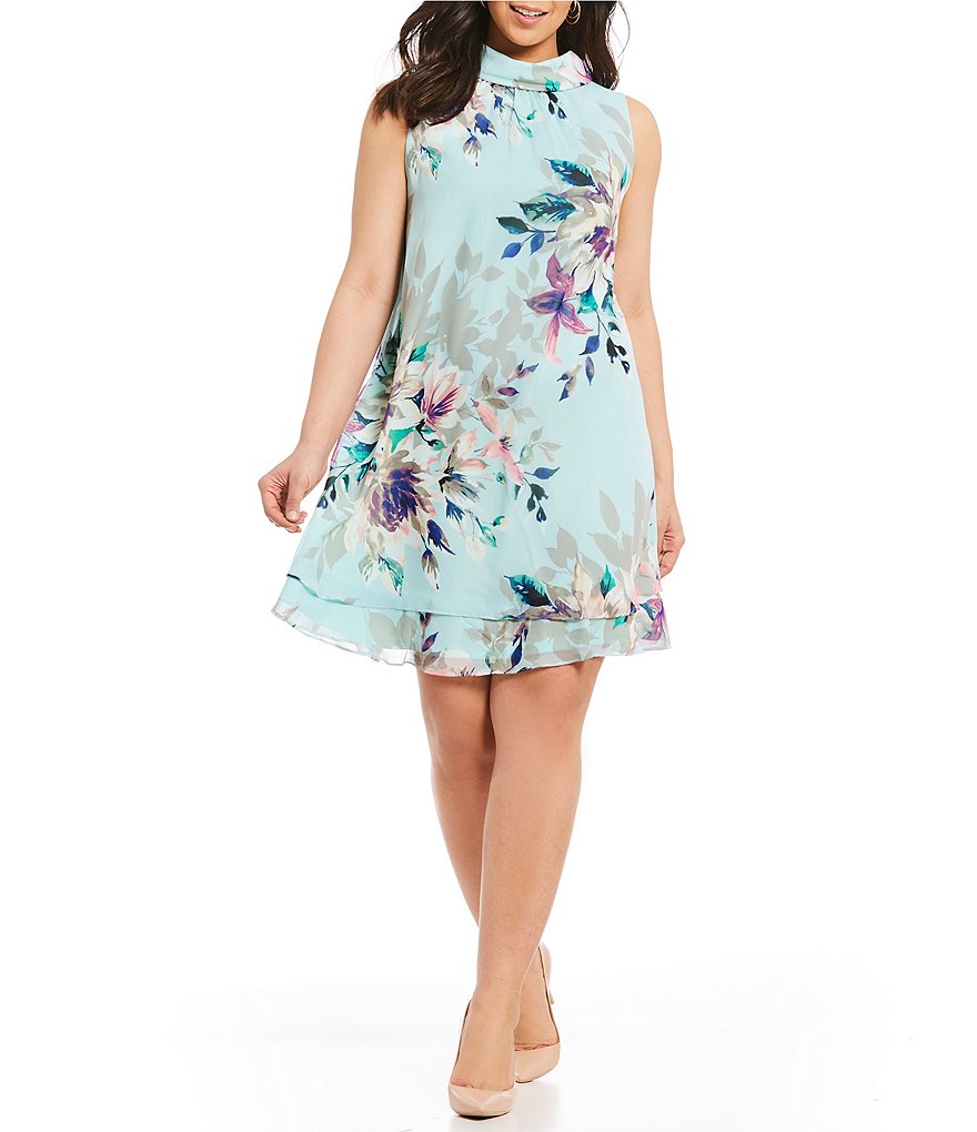 Jessica Howard Plus Floral Print Print Mockneck Trapeze Dress