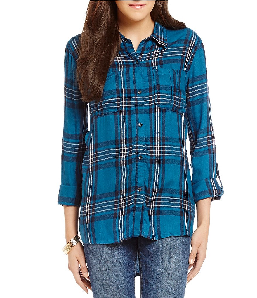 Jessica Simpson Dion Plaid Roll-Sleeve Top