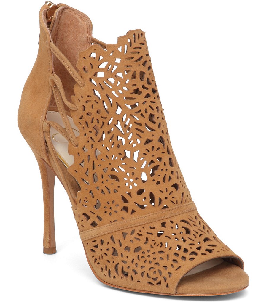 Jessica Simpson Keelin Laser-Cut Suede Side Lace-Up Peep Toe Pumps
